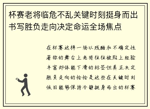 杯赛老将临危不乱关键时刻挺身而出书写胜负走向决定命运全场焦点